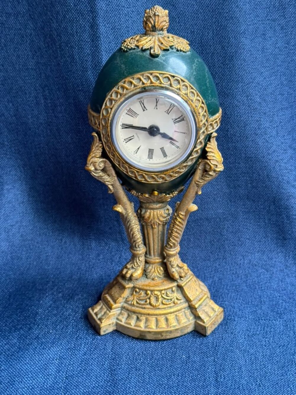 1990s Faberge Style Egg Clock Green Malachite Gold Bronze Pedestal Decor 9"